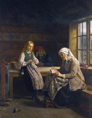 Adolph Tidemand - A Hardanger Interior Young Girl Knitting.webp