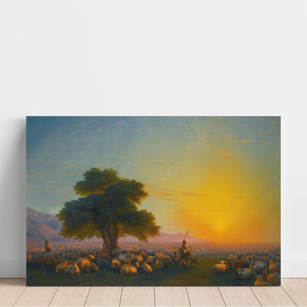 Reprodukcja obrazu pasterzy z ich stadem o zachodzie słońca - Ivan Konstantinovich Aivazovsky