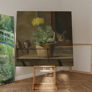 Druk artystyczny | Martwa natura z primulą w doniczce, kotem i dwoma wróblami - Martinus Rørbye