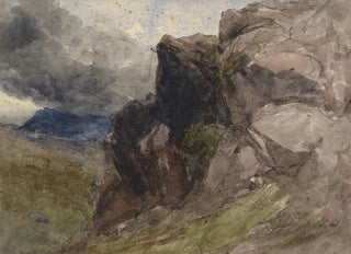 David Cox - Rocky landscape in Wales with figure drawing in the foreground to the right.webp
