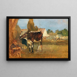 Emil Jakob Schindler - Animal Study Landscape with Farmhouse Cows and Farmers Wife.webp