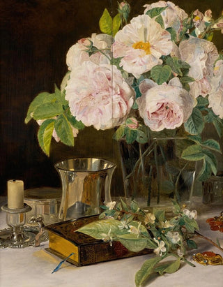 Ferdinand Georg Waldmller - Rosen im Glas Stilleben mit Rosen Leuchter und silbernem Becher.webp