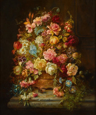Hans Zatzka - A still life with flowers in a jardiniere resting on a ledge.webp