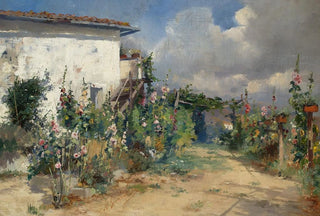 Henryk Siemiradzki - House with hollyhocks in the garden.webp