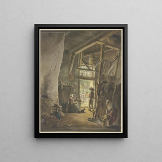 Hermanus van Brussel - Im Inneren eines Bauernhauses an der Tr sitzt die Frau mit dem hinausgehenden Mann sprechend rechts die Magd mit zwei Wassergefen.webp