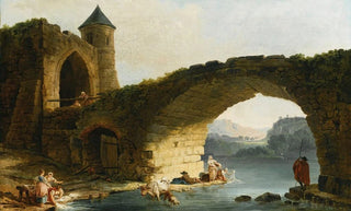 Hubert Robert - A Capriccio River Landscape With Washerwomen Near A Ruined Bridge.webp