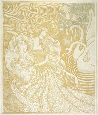 Jan Toorop - Vrouw met vlinder bij een vijver met twee zwanen.webp