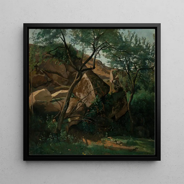 Młody pasterz wśród skał, las Fontainebleau - Jean-Baptiste-Camille Corot — oprawiony obraz na ścianie