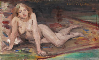 Lovis Corinth - Liegender blonder Mdchenakt auf buntem Teppich.webp