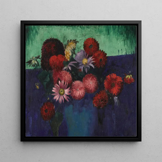 Nature morte, dahlias et marguerites dans un vase bleu - Mark Gertler