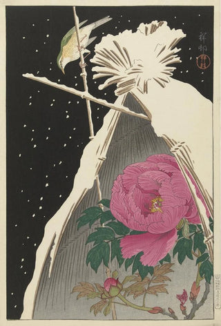 Ohara Koson - Siberian Bluechat next to a Peony sheltered by a Snowcovered Hay Sheaf.webp