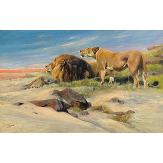 Paire de lions dans la steppe - Wilhelm Kuhnert | Reproduction Tableau Décoration murale affiche copie