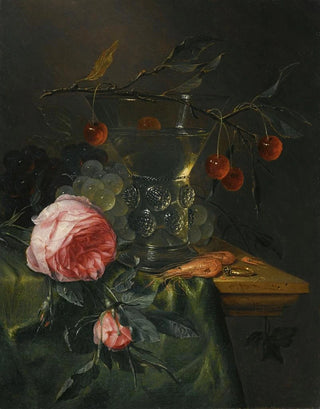 Pieter de Ring - A Still Life With A Cherry Branch Over A HalfFull Conical Roemer Red And Green Grapes.webp