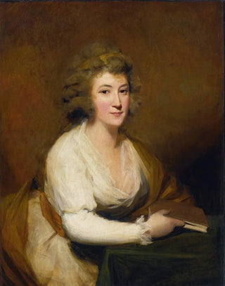Sir Henry Raeburn - Portrait Of Lady Nasmyth In A White Dress And Brown Shawl Seated At A Table Holding A Book.webp