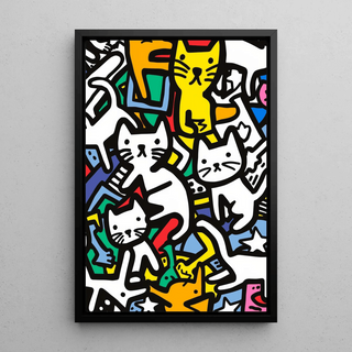 Tableau Pop Art – Danse des Félins | Affiche Colorée de Chats Stylisés | Poster Graphique Ludique et Dynamique pour Déco Murale Contemporaine