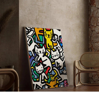 Tableau Pop Art – Danse des Félins | Affiche Colorée de Chats Stylisés | Poster Graphique Ludique et Dynamique pour Déco Murale Contemporaine