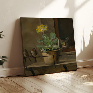 Druk artystyczny | Martwa natura z primulą w doniczce, kotem i dwoma wróblami - Martinus Rørbye