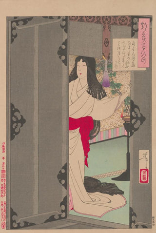 Tsukioka Yoshitoshi - Akazome Emon viewing the Moon from her palace chambers.webp