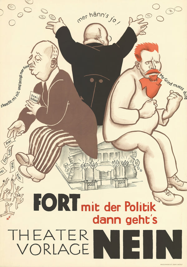 Plakat vintage teatr 'Theatervorlage Nein' w stylu karykatury politycznej