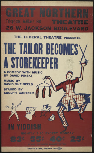 Plakat teatralny vintage The Tailor Becomes a Storekeeper w jidysz