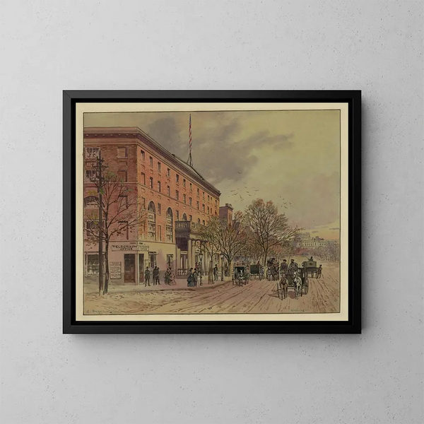 Widok na Waszyngton, patrząc wzdłuż Pennsylvania Avenue w kierunku niedokończonego Kapitolu, Hotel Narodowy po lewej stronie, nr 2 - A Meyer — oprawiony obraz na ścianie