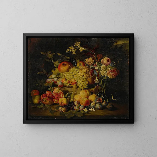 Martwa natura z kwiatami i owocami, w tym granatami, brzoskwiniami i winogronami - Abraham Brueghel — oprawiony obraz na ścianie