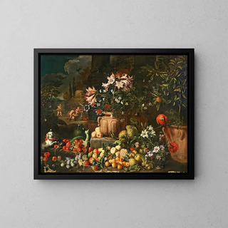 Martwa natura z kwiatami, owocami, puttami i zwierzętami - Abraham Brueghel — oprawiony obraz na ścianie