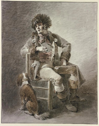 Abraham Teerlink - Auf einem Stuhl sitzt ein Mann die Pfeife in der Hand dabei ein Hund.webp