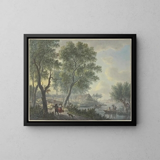 Abraham Teerlink - Links begegnet ein Schafhirte einem Milchmdchen rechts in einem Kahn drei Fischer und einer in Uniform hinter einem Weidenbaum.webp