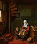 Starsza kobieta obierająca koguta - Abraham de Pape — widok dzieła