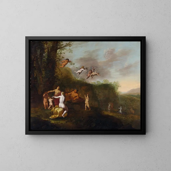 Bacchus i nimfy na krajobrazie - Abraham van Cuylenborch — oprawiony obraz na ścianie