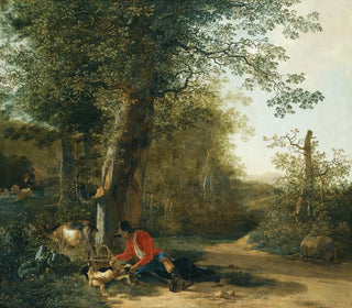 Adam Pynacker - A Peasant Playing With His Dog While Resting At The Margin Of A Wood.webp