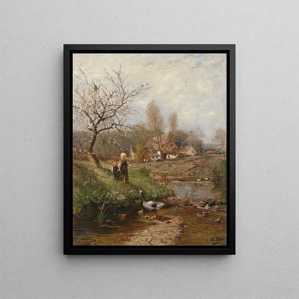 Adolf Lins - Frhlingslandschaft mit zwei Kindern und Gnsen.webp