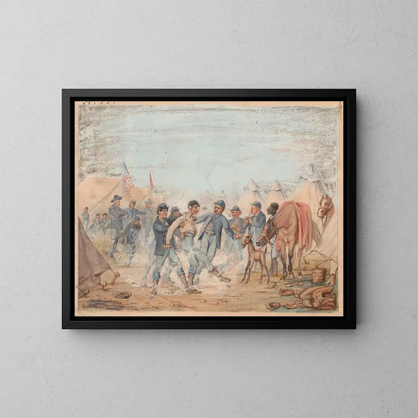 Campu trzeciego dwunastego regimentu ochotników Indiana, kompania A, w pobliżu Stones River, Tennessee, styczeń 1863 - Adolph Metzner — oprawiony obraz na ścianie