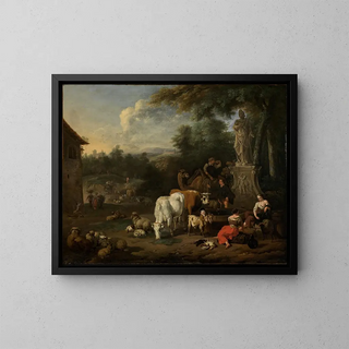 Adriaen Oudendijk - Resting shepherds with their flock and travelers at a well.webp