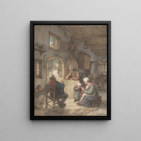 Czytanie nowości w Weavers Cottage - Adriaen van Ostade — oprawiony obraz na ścianie