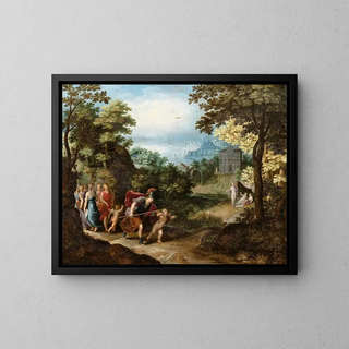 Apollon i Minerwa opuszczający Muzę na rzecz Wenus, Ceres i Bakkusa - Adriaen van Stalbemt — oprawiony obraz na ścianie
