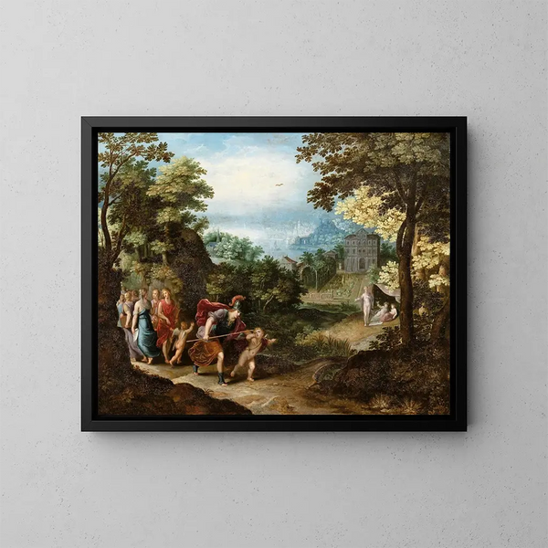 Apollon i Minerwa opuszczający Muzę na rzecz Wenus, Ceres i Bakkusa - Adriaen van Stalbemt — oprawiony obraz na ścianie