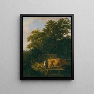 Adriaen van de Velde - A wooded landscape at dusk with two herdsmen a dog sheep and cattle.webp