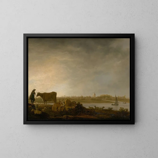 Widok na Vianen z pasterzem i bydłem w pobliżu rzeki - Aelbert Cuyp — oprawiony obraz na ścianie