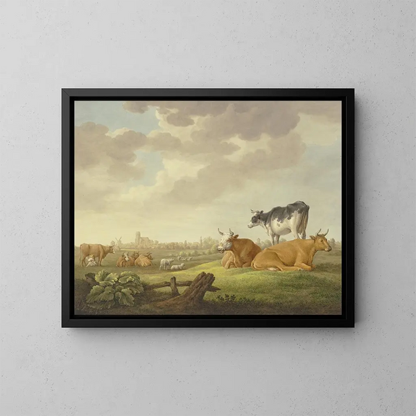 Na łące, kozy i owce, w oddali miasto, po lewej stronie mleczarka - Aelbert Cuyp — oprawiony obraz na ścianie