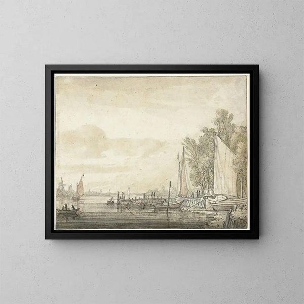 Łodzie przy nabrzeżu w rzece - Aelbert Cuyp — oprawiony obraz na ścianie