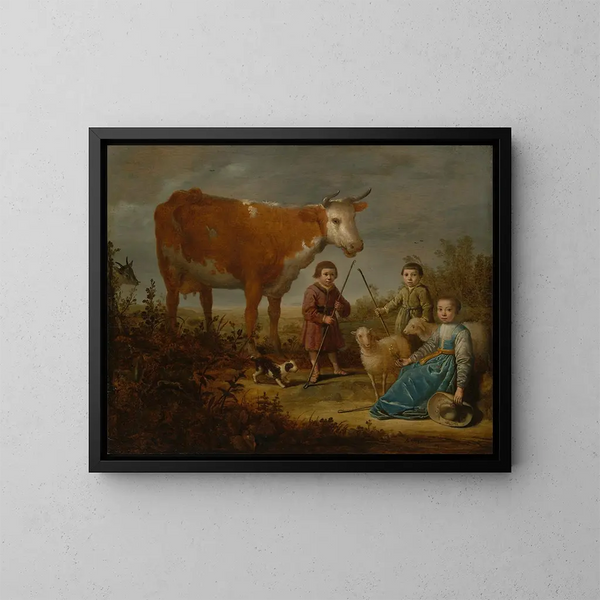 Dzieci i krowa - Aelbert Cuyp — oprawiony obraz na ścianie