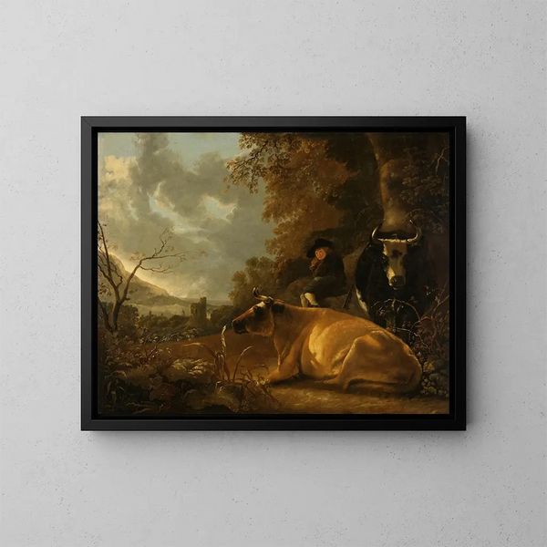pejzaż z krowami i młodym pasterzem - Aelbert Cuyp — oprawiony obraz na ścianie