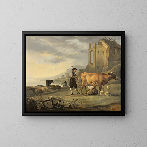 pejzaż z mleczarką karmiącą krowę - Aelbert Cuyp — oprawiony obraz na ścianie