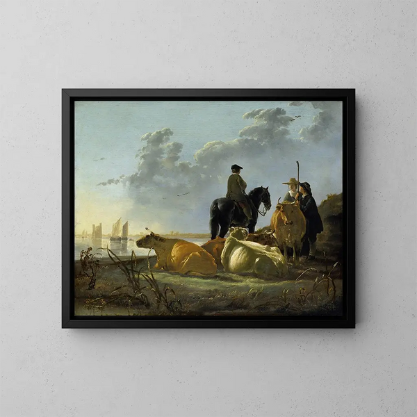 Wieśniacy i bydło nad brzegiem rzeki Merwede - Aelbert Cuyp — oprawiony obraz na ścianie