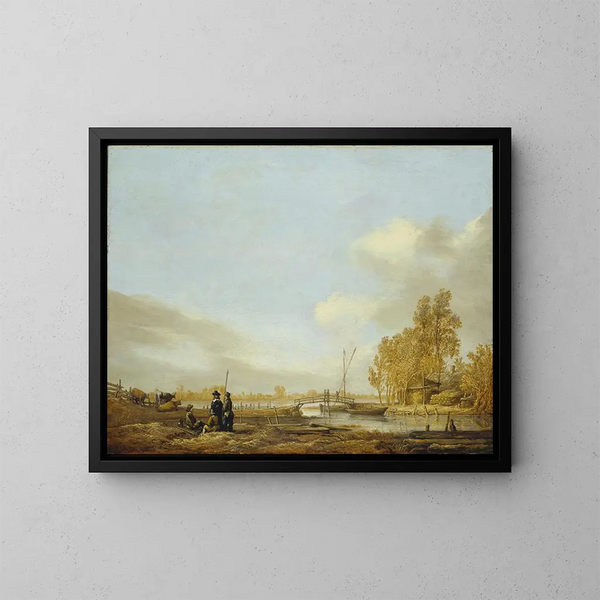 pejzażu rzecznego z drewnianym mostem - Aelbert Cuyp — oprawiony obraz na ścianie