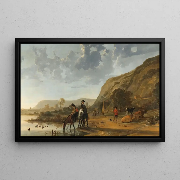 pejzażu rzecznych z jeźdźcami - Aelbert Cuyp — oprawiony obraz na ścianie