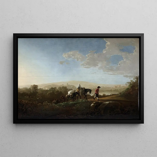 Podróżnicy w pagórkowatym krajobrazie - Aelbert Cuyp — oprawiony obraz na ścianie