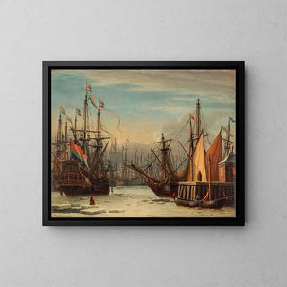 Aernout Smit - A view of the IJ harbour in winter Amsterdam with figures skating between the ships a figure seated on an ice floe in the foreground.webp